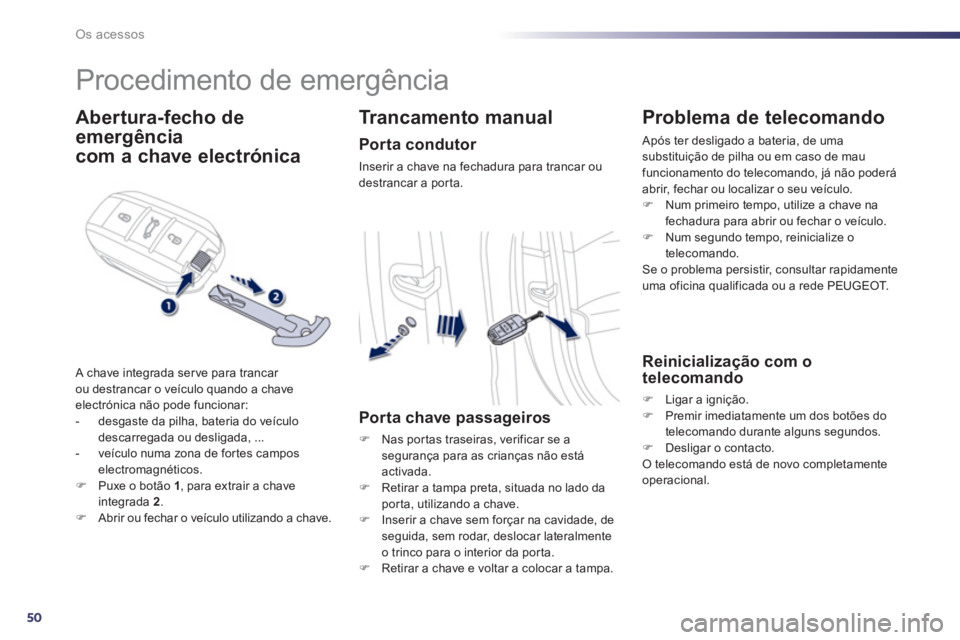 Peugeot 508 2013  Manual do proprietário (in Portuguese) 50
Os acessos
   
 
 
 
 
Procedimento de emergência 
Abertura-fecho de
emergência  
com a chave electrónica
 A chave integrada serve para trancar 
ou destrancar o veículo quando a chave 
electró