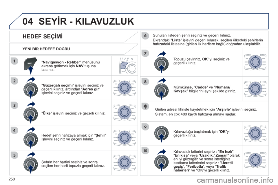 Peugeot 508 2013  Kullanım Kılavuzu (in Turkish) 
250
04
  " Navigasyon - Rehber" menüsünürekrana getirmek için NAV  tuşuna basın ız.
  
YEN
İ B İR HEDEFE DO ĞRU
SEY İR - KILAVUZLUK
             
HEDEF SEÇ İM İ 
  "  Güzergah seçimi"