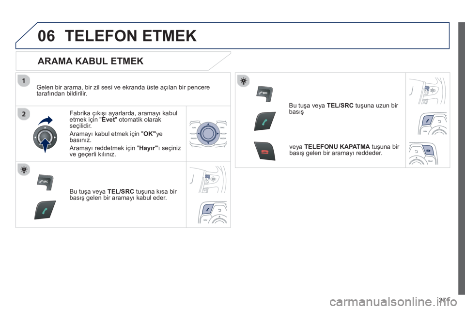 Peugeot 508 2013  Kullanım Kılavuzu (in Turkish) 
271

06TELEFON ETMEK 
  
ARAMA KABUL ETMEK 
  Gelen bir arama, bir zil sesi ve ekranda üste açılan bir pencere
taraf ından bildirilir.   
Fabrika çıkış ı ayarlarda, aramay ı kabul etmek iç