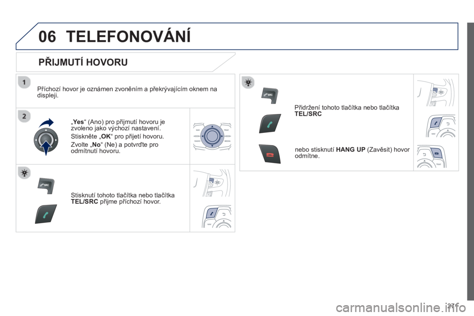 Peugeot 508 2013  Návod k obsluze (in Czech) 271
06TELEFONOVÁNÍ
   
PŘIJMUTÍ HOVORU 
 
 
Příchozí hovor je oznámen zvoněním a překrývajícím oknem na 
displeji.
„ Ye s  “ (Ano) pro přijmutí hovoru je
zvoleno jako výchozí nas