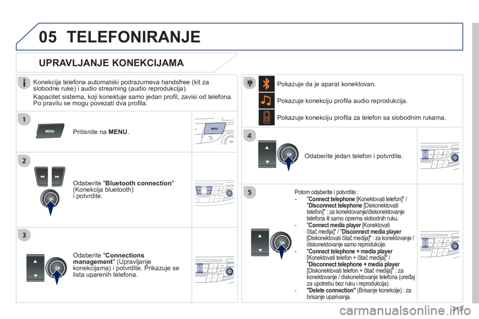 Peugeot 508 2013 Упутство за употребу (in Serbian) 313
05TELEFONIRANJE
Konekcija telefona automatski podrazumeva handsfree (kit za slobodne ruke) i audio streaming (audio reprodukcija).
Kapacitet sistema, ko
ji konektuje samo jedan profi Peugeot 508 2013 Упутство за употребу (in Serbian) 313
05TELEFONIRANJE
Konekcija telefona automatski podrazumeva handsfree (kit za slobodne ruke) i audio streaming (audio reprodukcija).
Kapacitet sistema, ko
ji konektuje samo jedan profi