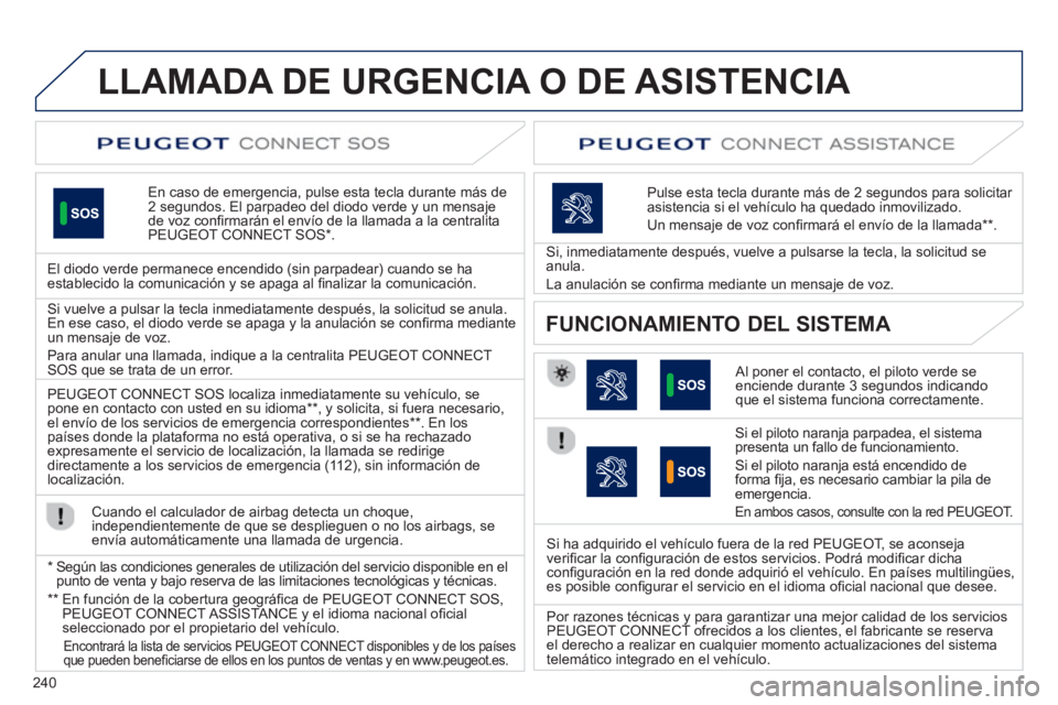 Peugeot 508 2012.5  Manual del propietario (in Spanish) 240
LLAMADA DE URGENCIA O DE ASISTENCIA   
En caso de emergencia, pulse esta tecla durante más de2 segundos. El parpadeo del diodo verde y un mensajede voz conﬁ rmar·n el envÌo de la llamada a la