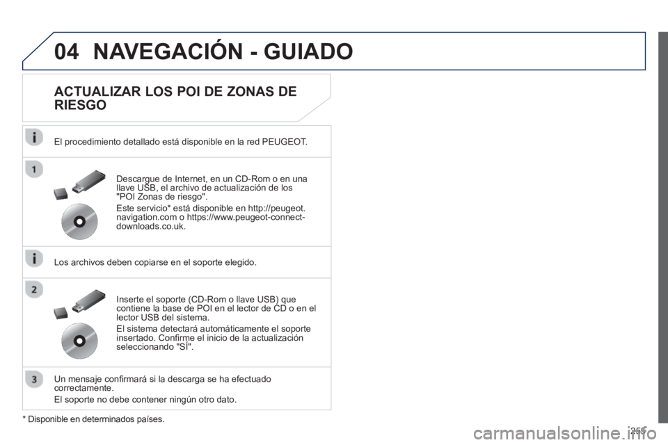 Peugeot 508 2012.5  Manual del propietario (in Spanish) 255
04NAVEGACIÓN - GUIADO
   
ACTUALIZAR LOS POI DE ZONAS DE 
RIESGO 
   
El procedimiento detallado está disponible en la red PEUGEOT.  
   
Los archivos deben copiarse en el soporte ele
gido.  
  