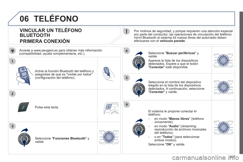 Peugeot 508 2012.5  Manual del propietario (in Spanish) 267
06
   
 
 
 
 
 
 
 
 
 
 
 
 
 
 
VINCULAR UN TELÉFONO 
BLUETOOTH  
PRIMERA CONEXIÓN    
Por motivos de seguridad, y porque requieren una atención especial 
por parte del conductor, las operac