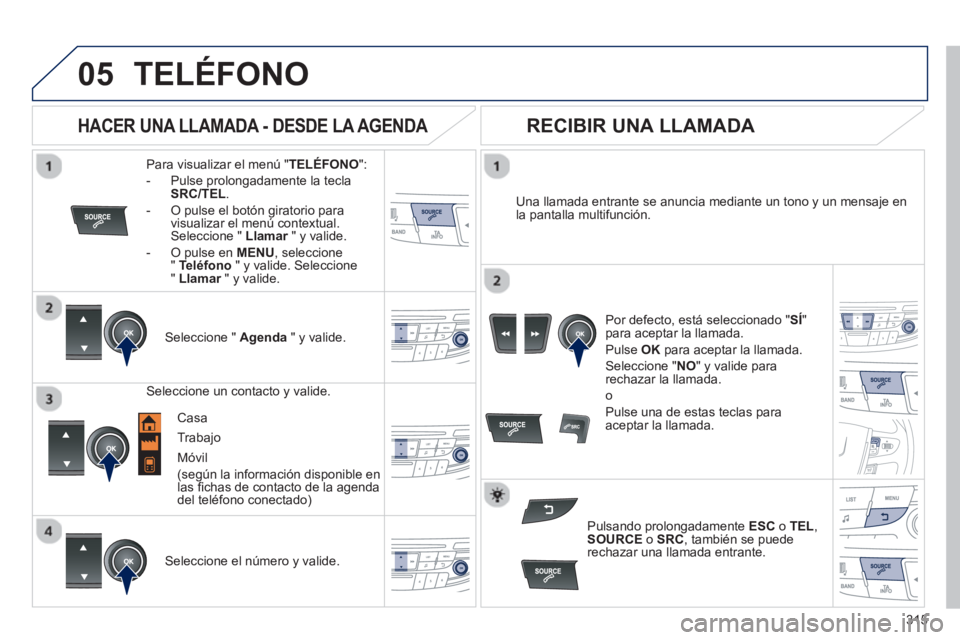 Peugeot 508 2012.5  Manual del propietario (in Spanish) 315
 
  
05TELÉFONO
Para visualizar el menú " TELÉFONO":
-  Pulse prolongadamente la tecla
SRC/TEL.
-  O pulse el botón giratorio para
visualizar el menú contextual.Seleccione " Llamar   " y vali