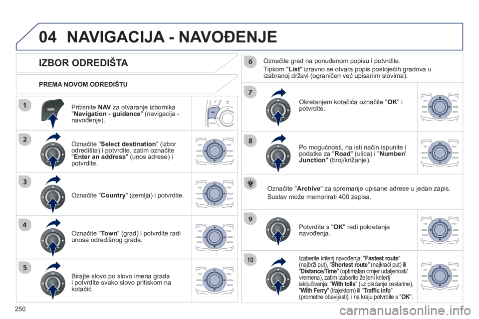Peugeot 508 2012.5 Vodič za korisnike (in Croatian)
250
04
Pritisnite NAV za otvaranje izbornika
" Navigation - guidance " (navigacija -navo đenje).
PREMA NOVOM ODREDIŠTU
NAVIGACIJA - NAVOĐENJE
IZBOR ODREDIŠTA
Ozna Peugeot 508 2012.5 Vodič za korisnike (in Croatian)
250
04
Pritisnite NAV za otvaranje izbornika
" Navigation - guidance " (navigacija -navo đenje).
PREMA NOVOM ODREDIŠTU
NAVIGACIJA - NAVOĐENJE
IZBOR ODREDIŠTA
Ozna
