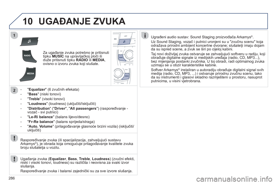 Peugeot 508 2012.5 Vodič za korisnike (in Croatian)
286
10UGAĐANJE ZVUKA
Za ugađanje zvuka potrebno je pritisnuti
tipku MUSIC na upravljačkoj plo či ili
duže pritisnuti tipku RADIOiliMEDIA ,
ovisno o izvoru zvuka koji slušate.
-
" Eq Peugeot 508 2012.5 Vodič za korisnike (in Croatian)
286
10UGAĐANJE ZVUKA
Za ugađanje zvuka potrebno je pritisnuti
tipku MUSIC na upravljačkoj plo či ili
duže pritisnuti tipku RADIOiliMEDIA ,
ovisno o izvoru zvuka koji slušate.
-
" Eq