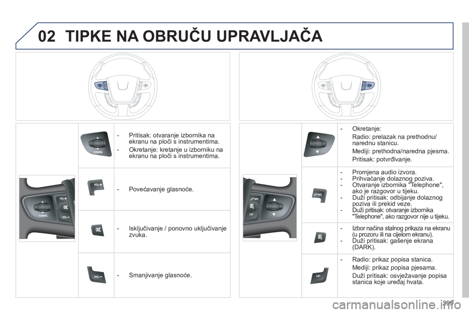 Peugeot 508 2012.5  Vodič za korisnike (in Croatian) 02
299
TIPKE NA OBRUČU UPRAVLJAČA 
 
 
 
-  Pritisak: otvaranje izbornika na ekranu na ploči s instrumentima.
   
-  
Okretanje: kretanje u izborniku naekranu na ploči s instrumentima.
   
 
-  Po