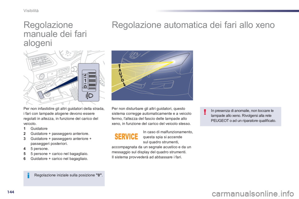 Peugeot 508 2012.5 Manuale del proprietario (in Italian) 144
Visibilità
Regolazione
manuale dei fari
alogeni
Regolazione automatica dei fari allo xeno
Per non infastidire gli altri guidatori della strada,
i fari con lamp Peugeot 508 2012.5 Manuale del proprietario (in Italian) 144
Visibilità
Regolazione
manuale dei fari
alogeni
Regolazione automatica dei fari allo xeno
Per non infastidire gli altri guidatori della strada,
i fari con lamp