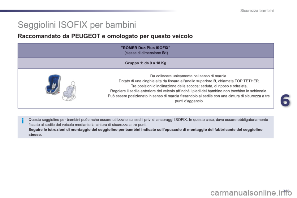 Peugeot 508 2012.5  Manuale del proprietario (in Italian) 6
161
Sicurezza bambini
   
 
 
 
 
 
 
 
 
 
 
 
 
 
 
Seggiolini ISOFIX per bambini 
 
 Questo seggiolino per bambini può anche essere utilizzato sui sedili privi di ancoraggi ISOFIX. In questo cas