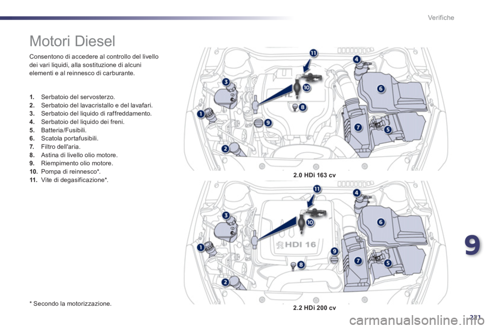 Peugeot 508 2012.5  Manuale del proprietario (in Italian) 9
221
Ver if iche
  Consentono di accedere al controllo del livello 
dei vari liquidi, alla sostituzione di alcuni
elementi e al reinnesco di carburante. 
   
* 
  Secondo la motorizzazione.  
 
 
 
 