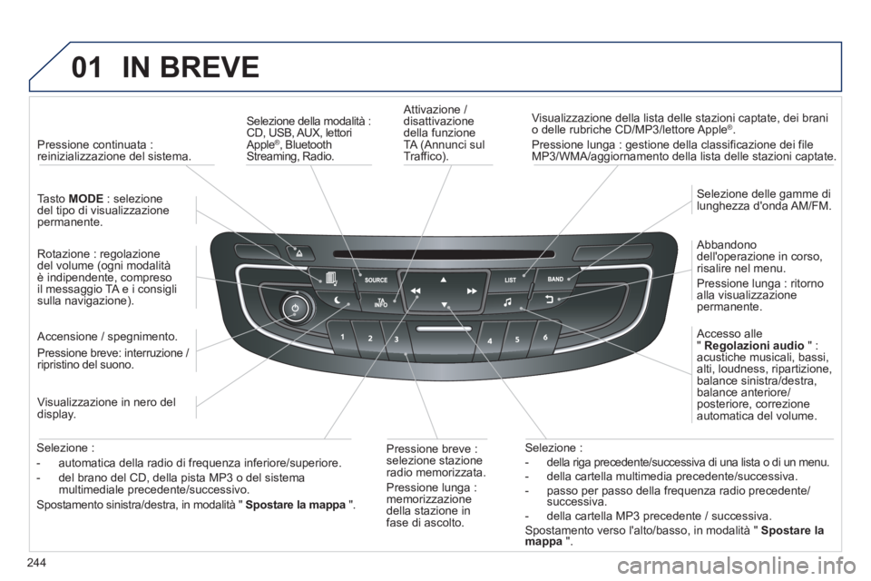 Peugeot 508 2012.5 Manuale del proprietario (in Italian) 244
01IN BREVE
Attivazione / disattivazionedella funzioneTA (Annunci sul
Traffico).
Visualizzazione della lista delle stazioni captate, dei branio delle rubriche CD/MP3/lettore Apple®.
Pr Peugeot 508 2012.5 Manuale del proprietario (in Italian) 244
01IN BREVE
Attivazione / disattivazionedella funzioneTA (Annunci sul
Traffico).
Visualizzazione della lista delle stazioni captate, dei branio delle rubriche CD/MP3/lettore Apple®.
Pr