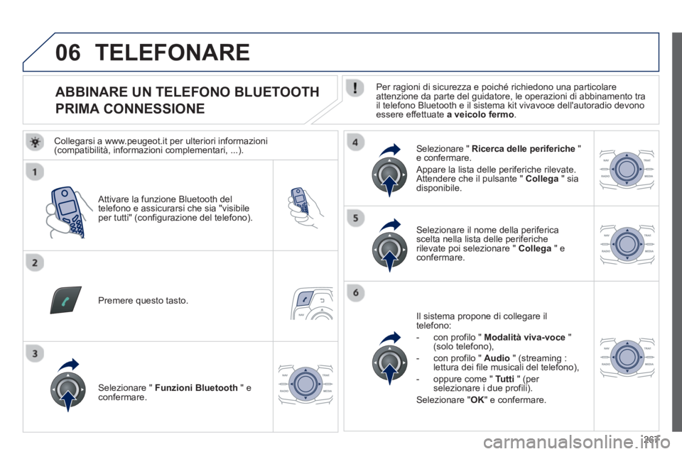 Peugeot 508 2012.5  Manuale del proprietario (in Italian) 267
06
   
 
 
 
 
 
 
 
 
 
 
 
 
 
 
ABBINARE UN TELEFONO BLUETOOTH  
PRIMA CONNESSIONE    
Per ragioni di sicurezza e poiché richiedono una particolare
attenzione da parte del guidatore, le operaz