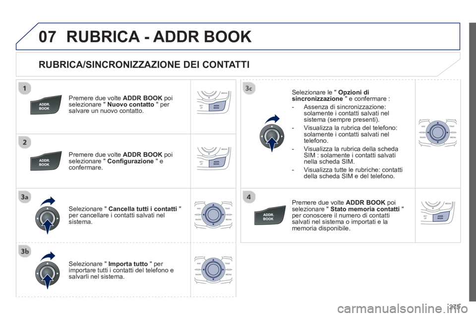 Peugeot 508 2012.5  Manuale del proprietario (in Italian) 275
07
   
RUBRICA/SINCRONIZZAZIONE DEI CONTATTI 
 
 
Premere due volte ADDR BOOKpoi selezionare "  Nuovo contatto" per salvare un nuovo contatto. 
   
Premere due volte ADDR BOOKpoi selezionare "  Co