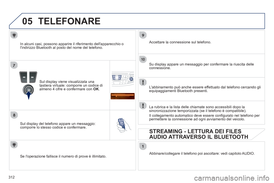 Peugeot 508 2012.5 Manuale del proprietario (in Italian) 312
05
Saisir code authentification
01
OK Del23456789 _
TELEFONARE
Sul display viene visualizzata una
tastiera virtuale: comporre un codice di
almeno 4 cifre e confermare con OK.
Sul display Peugeot 508 2012.5 Manuale del proprietario (in Italian) 312
05
Saisir code authentification
01
OK Del23456789 _
TELEFONARE
Sul display viene visualizzata una
tastiera virtuale: comporre un codice di
almeno 4 cifre e confermare con OK.
Sul display