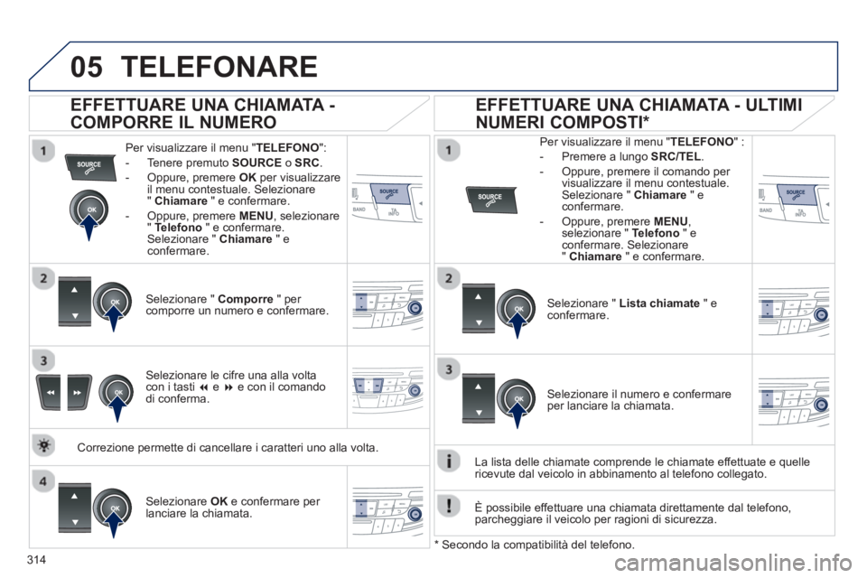 Peugeot 508 2012.5 Manuale del proprietario (in Italian) 314
05TELEFONARE
Per visualizzare il menu "TELEFONO":
- Tenere premuto SOURCE
o SRC.
- Oppure, premere OK
per visualizzare
il menu contestuale. Selezionare
" Chiamare " e confermare.
Peugeot 508 2012.5 Manuale del proprietario (in Italian) 314
05TELEFONARE
Per visualizzare il menu "TELEFONO":
- Tenere premuto SOURCE
o SRC.
- Oppure, premere OK
per visualizzare
il menu contestuale. Selezionare
" Chiamare " e confermare.