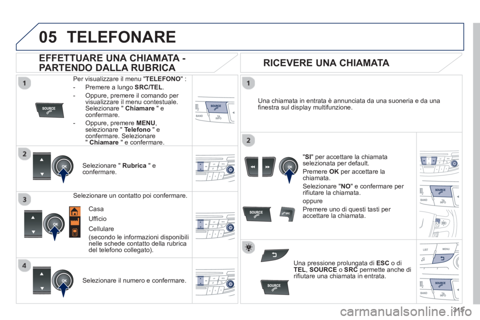 Peugeot 508 2012.5 Manuale del proprietario (in Italian) 315
05TELEFONARE
Per visualizzare il menu "TELEFONO" :
- Premere a lungo
SRC/TEL .
- Oppure, premere il comando per
visualizzare il menu contestuale. Selezionare " Chiamare
" econfermare. Peugeot 508 2012.5 Manuale del proprietario (in Italian) 315
05TELEFONARE
Per visualizzare il menu "TELEFONO" :
- Premere a lungo
SRC/TEL .
- Oppure, premere il comando per
visualizzare il menu contestuale. Selezionare " Chiamare
" econfermare.