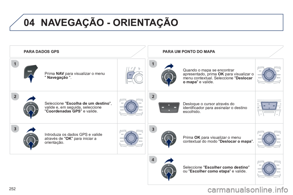 Peugeot 508 2012.5  Manual do proprietário (in Portuguese) 252
04
Seleccione " Escolha de um destino",valide e, em seguida, seleccione "Coordenadas GPS" e valide.  
Introduza os dados 
GPS e valideatravés de " OK 
" para iniciar a 
orientação.  
 
Prima  N