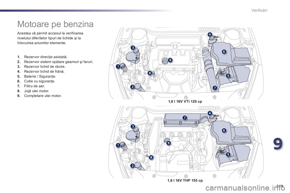 Peugeot 508 2012.5  Manualul de utilizare (in Romanian) 9
219
Ver if icări
 Acestea vă permit accesul la verificarea nivelului diferitelor tipuri de lichide şi laînlocuirea anumitor elemente. 
 
 
 
 
 
 
 
 
 
 
 
 
 
 
 
Motoare pe benzina 
1. 
 Reze