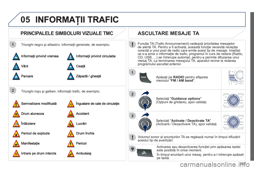 Peugeot 508 2012.5 Manualul de utilizare (in Romanian)
265
05
PRINCIPALELE SIMBOLURI VIZUALE TMC
Triunghi roşu şi galben: informaţii trafi c, de exemplu:
Triunghi negru
şi albastru: informa
ţii generale, de exemplu:
ASCULTAR Peugeot 508 2012.5 Manualul de utilizare (in Romanian)
265
05
PRINCIPALELE SIMBOLURI VIZUALE TMC
Triunghi roşu şi galben: informaţii trafi c, de exemplu:
Triunghi negru
şi albastru: informa
ţii generale, de exemplu:
ASCULTAR