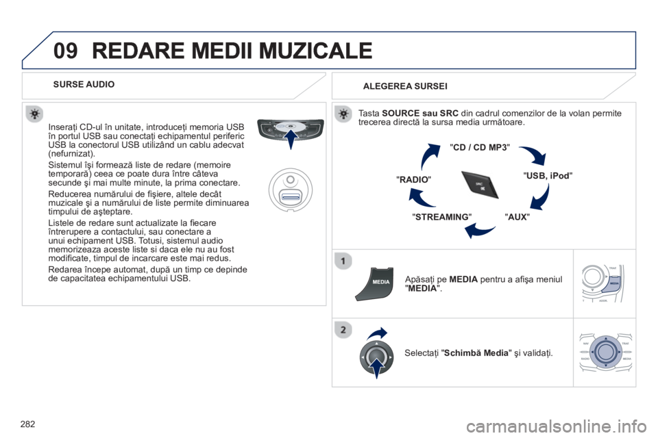 Peugeot 508 2012.5  Manualul de utilizare (in Romanian) 
282
09
   
SURSE AUDIO  
  Insera
ţi CD-ul în unitate, introduceţi memoria USBîn portul USB sau conectaţi echipamentul perifericUSB la conectorul USB utilizând un cablu adecvat (nefurnizat).
 S