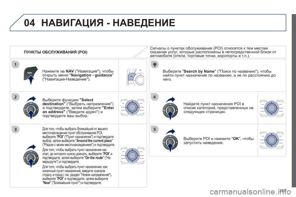 Peugeot 508 2012.5 Инструкция по эксплуатации (in Russian)
253
04
ПУНКТЫ ОБСЛУЖИВАНИЯ (POI)
НАВИГАЦИЯ - НАВЕДЕНИЕ
Сигналы о пунктах обслуживания (POI) относятся к тем Peugeot 508 2012.5 Инструкция по эксплуатации (in Russian)
253
04
ПУНКТЫ ОБСЛУЖИВАНИЯ (POI)
НАВИГАЦИЯ - НАВЕДЕНИЕ
Сигналы о пунктах обслуживания (POI) относятся к тем