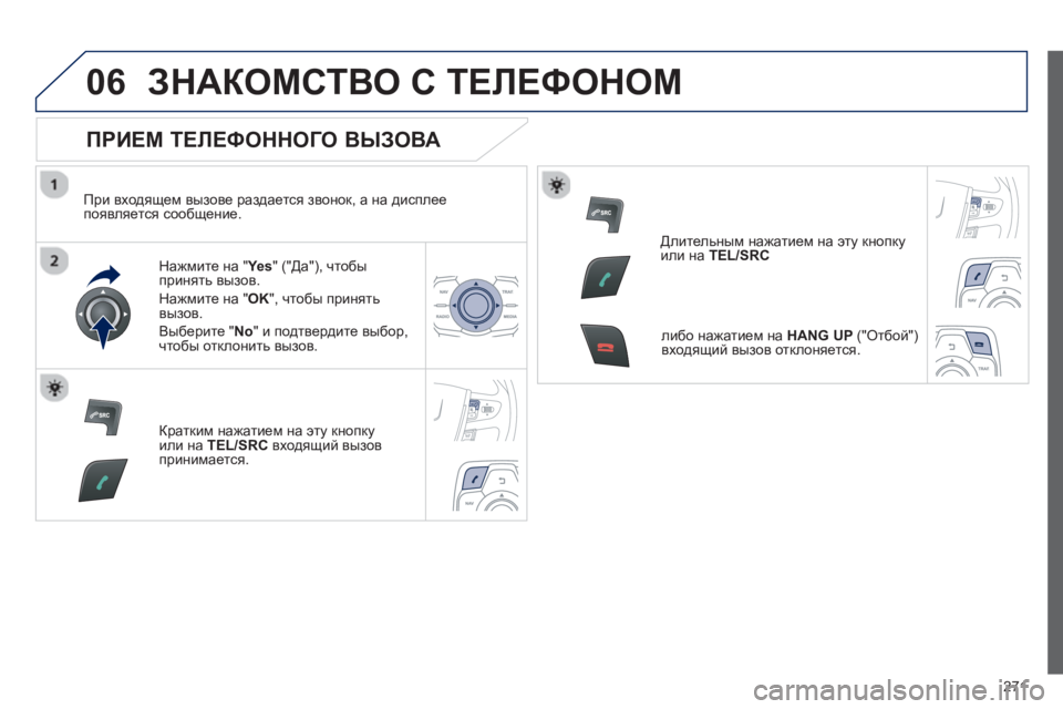 Peugeot 508 2012.5  Инструкция по эксплуатации (in Russian) 
271

06ЗНАКОМСТВО С  ТЕЛЕФОНОМ  
  
ПРИЕМ ТЕЛЕФОННОГО  ВЫЗОВА  
  
При входящем  вызове  раздается  звонок , а на  дис