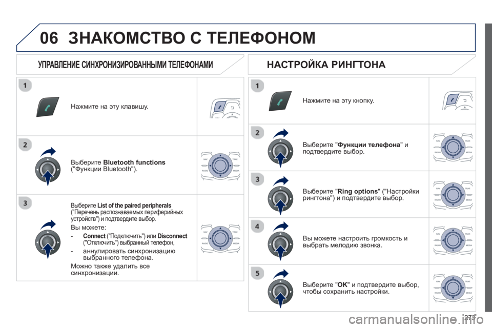 Peugeot 508 2012.5  Инструкция по эксплуатации (in Russian) 
273
06
Нажмите на  эту клавишу.  
Выберите  List of the paired peripherals 
 (" Перечень  распознаваемых  периферийныхустройств "