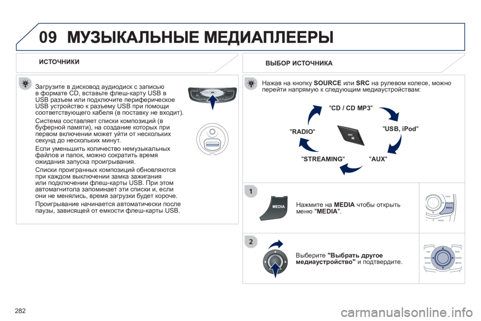 Peugeot 508 2012.5  Инструкция по эксплуатации (in Russian) 
282
09
   
ИСТОЧНИКИ  
  
Загрузите  в  дисковод  аудиодиск  с  записью
в  формате  CD, вставьте  флеш -карту USB  вUSB разъ