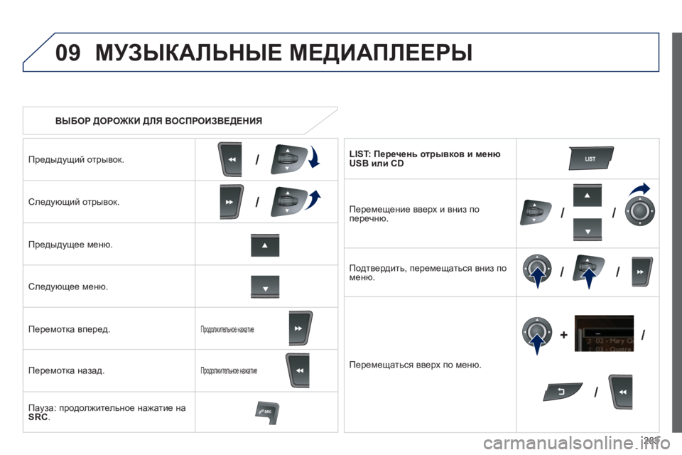 Peugeot 508 2012.5  Инструкция по эксплуатации (in Russian) 
283
09
/
///
//
/
+/
    ВЫБОР
 ДОРОЖКИ  ДЛЯ ВОСПРОИЗВЕДЕНИЯ
МУЗЫКАЛЬНЫЕ  МЕДИАПЛЕЕРЫ
Предыдущий  отрывок .  
Следующий  