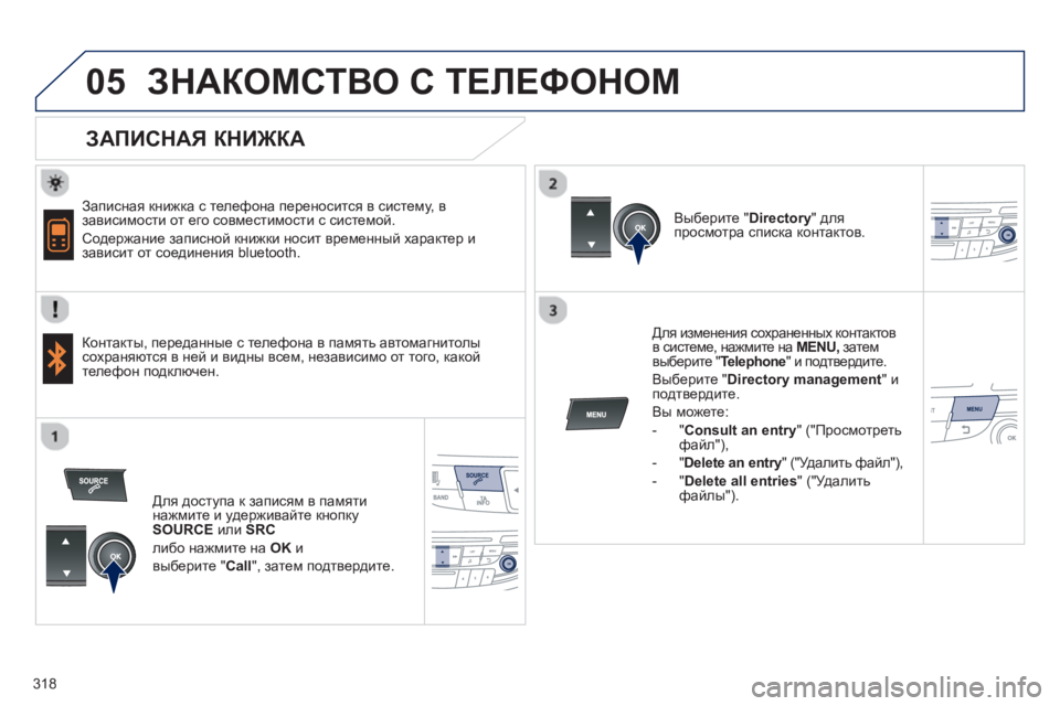 Peugeot 508 2012.5  Инструкция по эксплуатации (in Russian) 318
 
  
05ЗНАКОМСТВО С ТЕЛЕФОНОМ 
 
 
ЗАПИСНАЯ КНИЖКА 
 
 
Записная книжка с телефона переносится в систему, в завис
