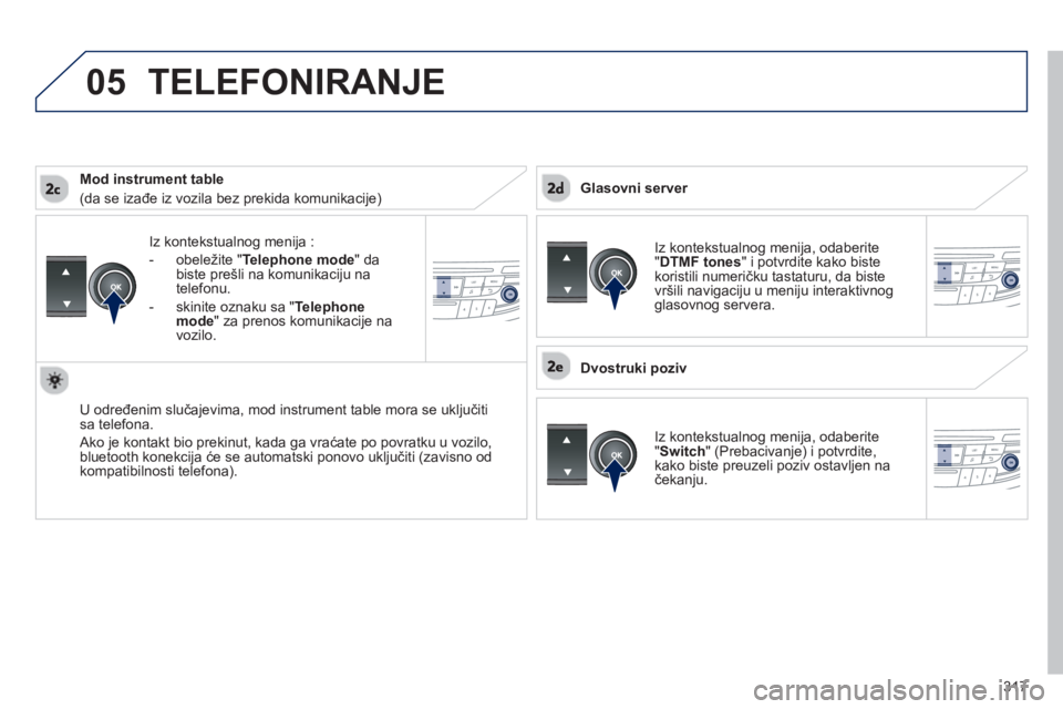 Peugeot 508 2012.5  Упутство за употребу (in Serbian) 317
 
05
Iz kontekstualnog menija :
-  
obeležite "Telephone mode" da 
biste prešli na komunikaciju na 
telefonu. 
-  
skinite oznaku sa " Telephone mode 
" za prenos komunikacije na 
vozilo.
U odre