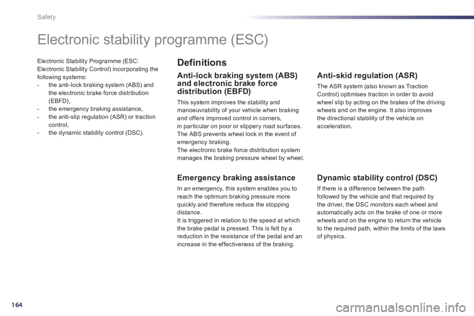 Peugeot 508 2012  Owners Manual - RHD (UK, Australia) 164
Safety
Electronic Stability Programme (ESC: Electronic Stability Control) incorporating the
following systems: 
-   the anti-lock braking system (ABS) and
the electronic brake force distribution (