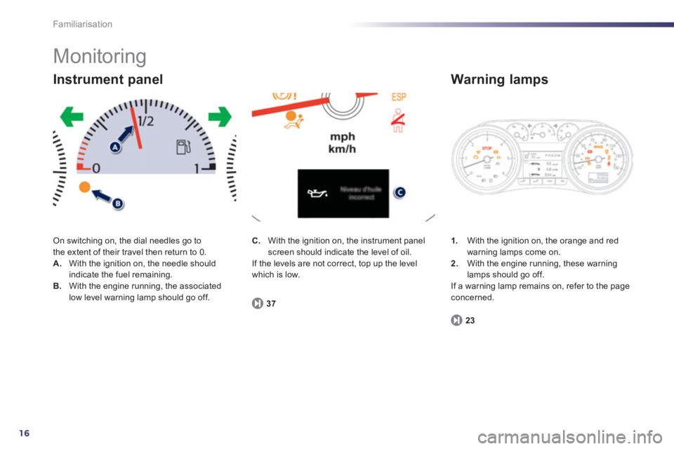 Peugeot 508 2012  Owners Manual - RHD (UK, Australia) 16
Familiarisation
  Monitoring 
On switching on, the dial needles go to 
the extent of their travel then return to 0. A.    With the ignition on, the needle shouldindicate the fuel remaining. B.With 