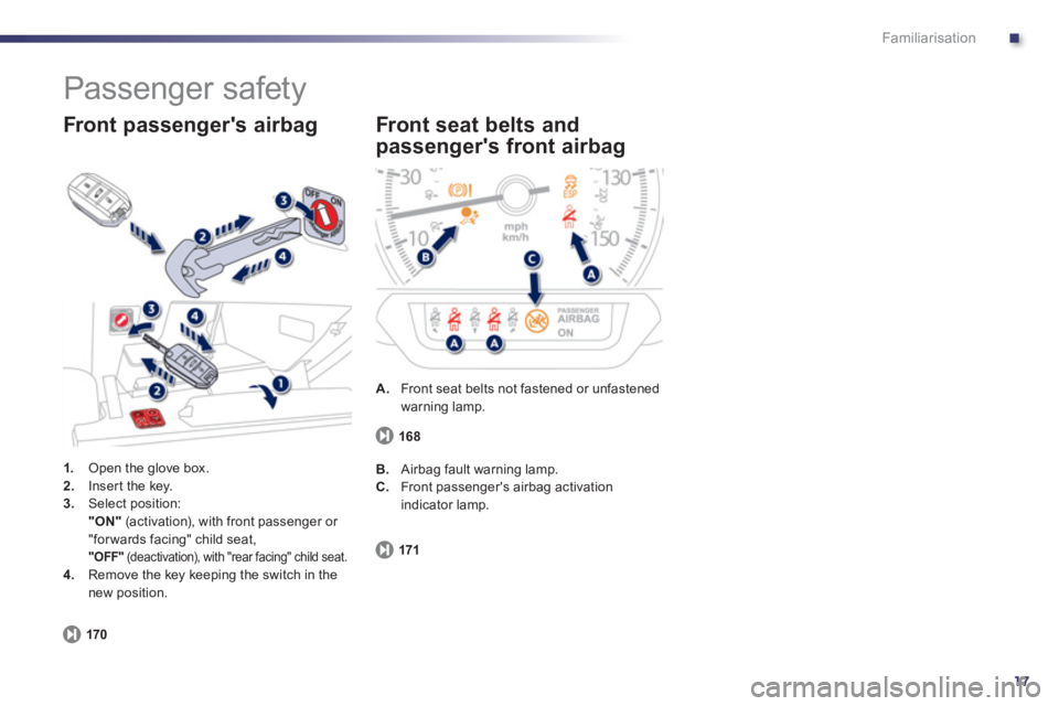 Peugeot 508 2012  Owners Manual - RHD (UK, Australia) .
17
Familiarisation
  Passenger safety 
1. 
 Open the glove box. 2.Inser t the key. 3.Select position:"ON"(activation), with front passenger or 
"for wards facing" child seat,  "OFF" 
 (deactivation)