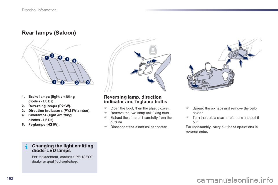 Peugeot 508 2012  Owners Manual - RHD (UK, Australia) 192
i
Practical information
1.Brake lamps (light emitting diodes - LEDs).2.    Reversing lamps (P21W).3.Direction indicators (PY21W amber).4.Sidelamps (light emittingdiodes - LEDs).5.Foglamps (H21W).
