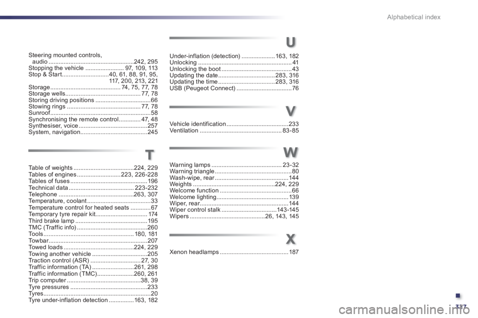 Peugeot 508 2012 Owners Manual - RHD (UK, Australia) .
327
Alphabetical index
Steering mounted controls,audio...................................................242,295Stopping the vehicle.......................97, 109,113Stop & Start.................... Peugeot 508 2012 Owners Manual - RHD (UK, Australia) .
327
Alphabetical index
Steering mounted controls,audio...................................................242,295Stopping the vehicle.......................97, 109,113Stop & Start....................