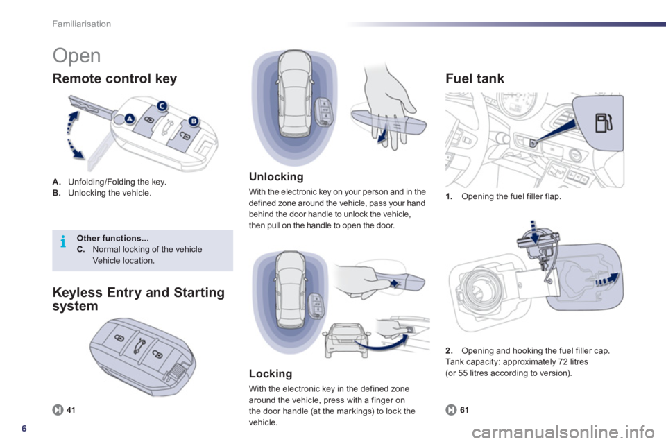 Peugeot 508 2012  Owners Manual - RHD (UK, Australia) 6
i
Familiarisation
  Open 
A. 
 Unfolding/Folding the key. B.Unlocking the vehicle.
Remote control key 
1. 
 Opening the fuel filler flap.
 
 
Fuel t ank 
61
 
 
Unlocking
 
With the electronic key o