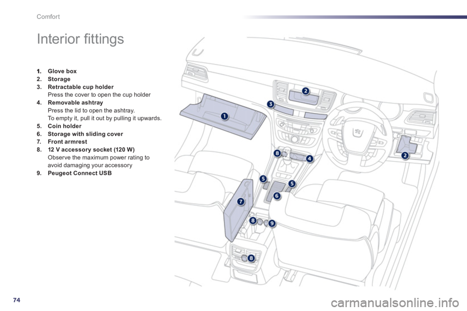 Peugeot 508 2012  Owners Manual - RHD (UK, Australia) 74
Comfort
   
 
 
 
 
 
 
 
 
 
 
 
 
 
 
 
 
Interior ﬁ ttings 
Glove box2.Storage3.Retractable cup holderPress the cover to open the cup holder 4.Removable ashtray
Press the lid to open the ashtr