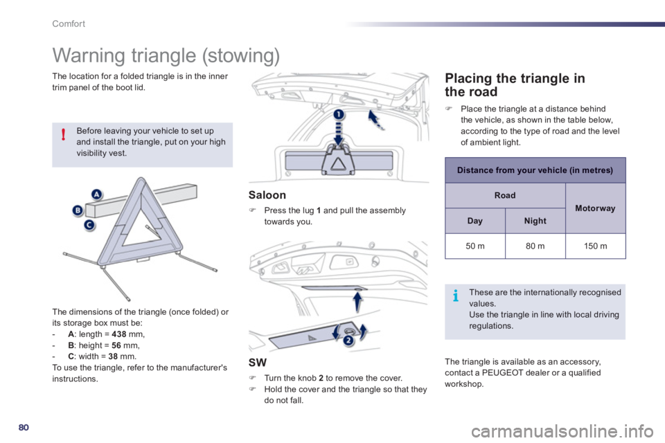 Peugeot 508 2012  Owners Manual - RHD (UK, Australia) 80
!
i
Comfort
   
 
 
 
 
 
 
 
Warning triangle (stowing) 
 
Before leaving your vehicle to set upand install the triangle, put on your high visibility vest.
The dimensions o
f the triangle (once fo