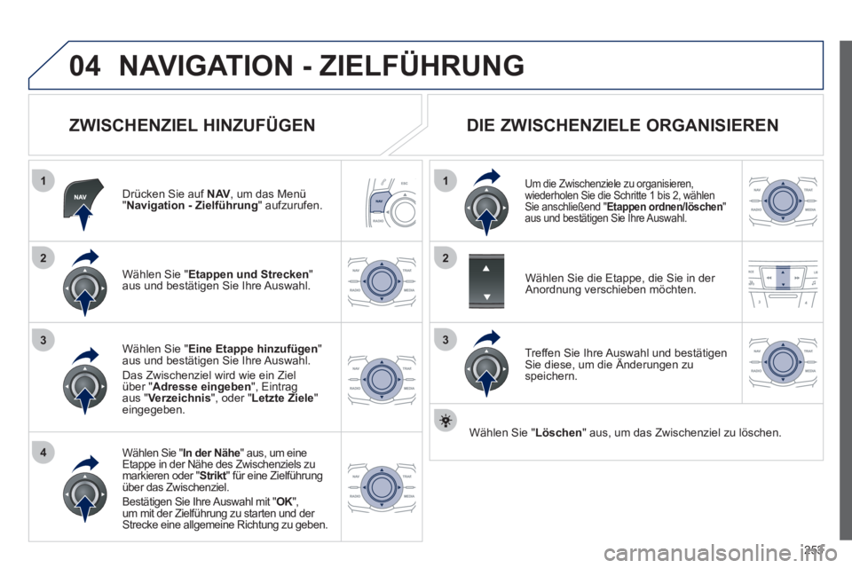 Peugeot 508 2012  Betriebsanleitung (in German) 253
04
1
4
3
1
3
22
NAVIGATION - ZIELFÜHRUNG 
   
ZWISCHENZIEL HINZUFÜGEN 
Drücken Sie auf  NAV, um das Menü"Navigation - Zielführung 
" aufzurufen.
W
ählen Sie " Etappen und Strecken 
" aus und