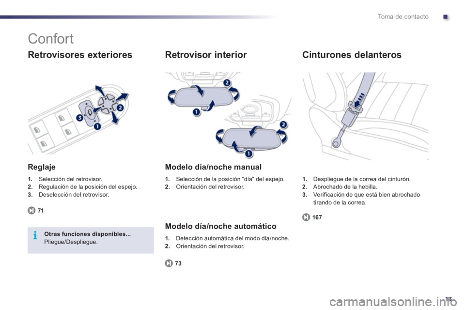 Peugeot 508 2012  Manual del propietario (in Spanish) .
13
i
To m a  d e  c o n t a c t o
  Confort 
 
 
Retrovisores exteriores
 
 
Reglaje 
1. 
 Selección del retrovisor.2.Regulación de la posición del espejo.3.Deselección del retrovisor.  
7
1
Otr