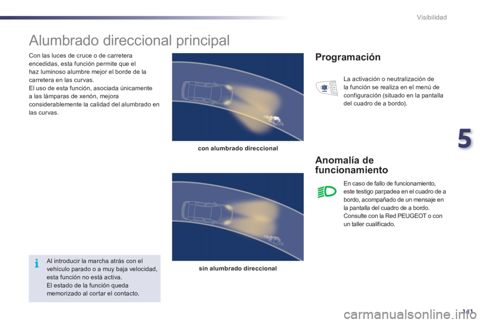 Peugeot 508 2012  Manual del propietario (in Spanish) 5
141
i
Visibilidad
   
Con las luces de cruce o de carretera encedidas, esta función permite que elhaz luminoso alumbre mejor el borde de la carretera en las curvas.
  El uso de esta función, asoci