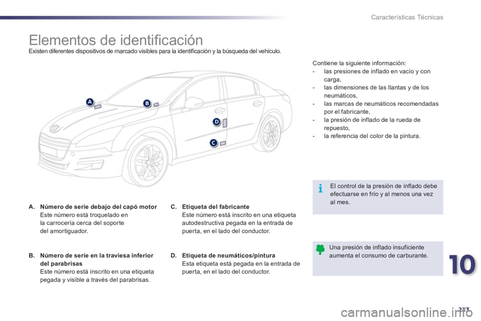 Peugeot 508 2012 Manual del propietario (in Spanish) 10
233
i
Características Técnicas
Elementos de identifi cación
Existen diferentes dispositivos de marcado visibles para la identificación y la b Peugeot 508 2012 Manual del propietario (in Spanish) 10
233
i
Características Técnicas
Elementos de identifi cación
Existen diferentes dispositivos de marcado visibles para la identificación y la b