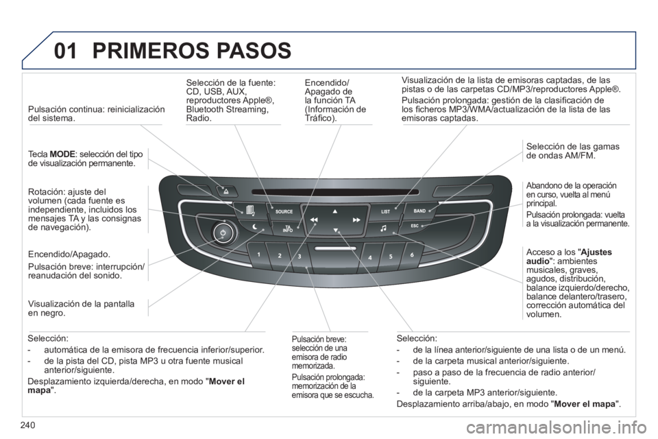 Peugeot 508 2012 Manual del propietario (in Spanish) 240
01 PRIMEROS PASOS
Encendido/Apagado de
la función TA (Información de
Tráfi co).
Visualización de la lista de emisoras captadas, de las
pistas o de las carpetas
CD/MP3/reproductore Peugeot 508 2012 Manual del propietario (in Spanish) 240
01 PRIMEROS PASOS
Encendido/Apagado de
la función TA (Información de
Tráfi co).
Visualización de la lista de emisoras captadas, de las
pistas o de las carpetas
CD/MP3/reproductore
