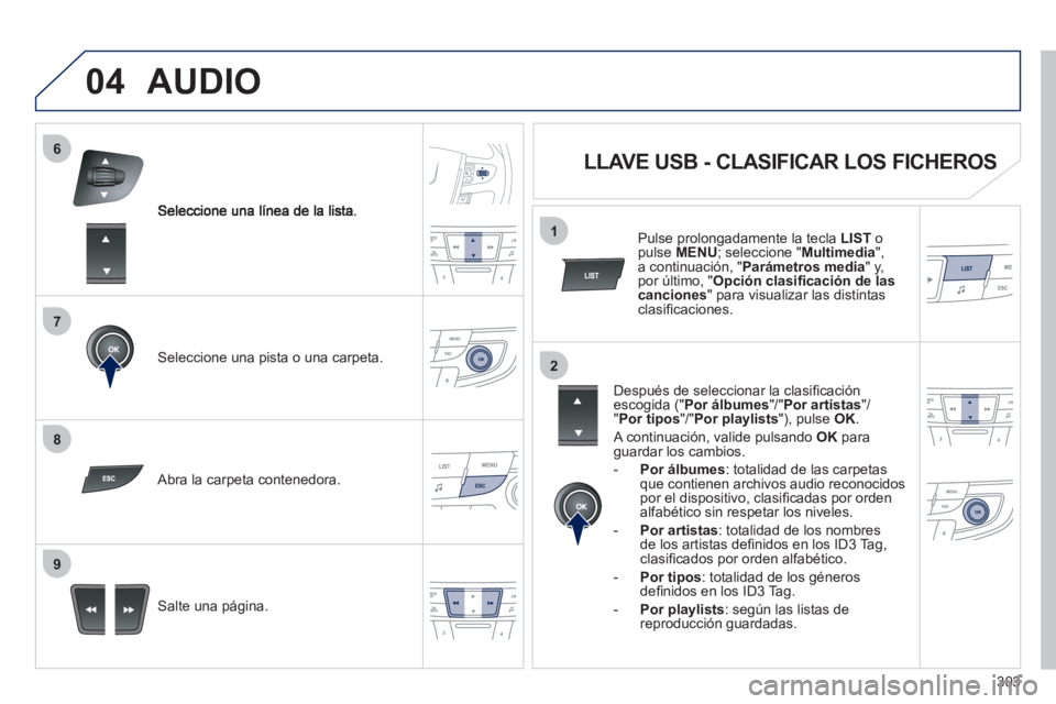 Peugeot 508 2012  Manual del propietario (in Spanish) 303
7
6
8
9
2
1
04
Seleccione una pista o una carpeta.
Salte una página.    
Abra la carpeta contenedora.
AUDIO 
 
 
 
 
 
 
 
 
 
 
LLAVE USB - CLASIFICAR LOS FICHEROS 
 
 
Después de seleccionar l