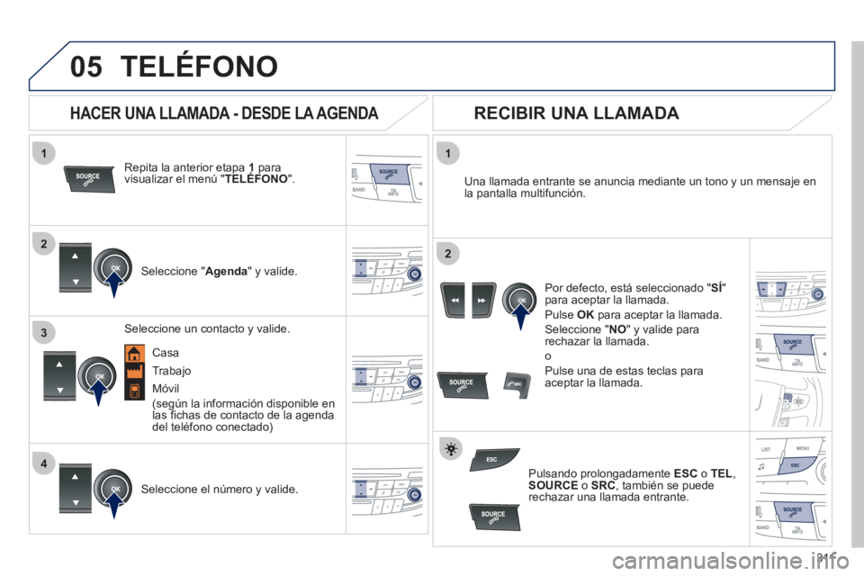 Peugeot 508 2012  Manual del propietario (in Spanish) 311
 
  
1
2
1
4
2
3
05TELÉFONO
Repita la anterior etapa 1   para 
visualizar el menú "TELÉFONOpp".
   Seleccione "Agenda " y valide.   
Una llamada entrante se anuncia mediante un tono y un mensaj