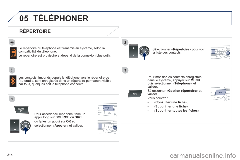 Peugeot 508 2012  Manuel du propriétaire (in French) 314
 
  
2
3
1
05TÉLÉPHONER
   
RÉPERTOIRE 
 
 
Le répertoire du téléphone est transmis au système, selon la compatibilité du téléphone.
  Le r
épertoire est provisoire et dépend de la con