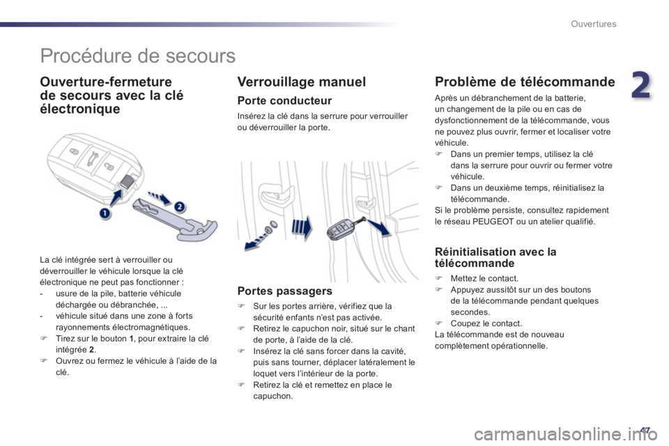Peugeot 508 2012 Manuel du propriétaire (in French) 2
47
Ouvertures
Procédure de secours
Ouverture-fermeture
de secours
avec la clé
électronique
La clé intégrée ser t à verrouiller ou
déverrouiller le véhicule lorsque Peugeot 508 2012 Manuel du propriétaire (in French) 2
47
Ouvertures
Procédure de secours
Ouverture-fermeture
de secours
avec la clé
électronique
La clé intégrée ser t à verrouiller ou
déverrouiller le véhicule lorsque