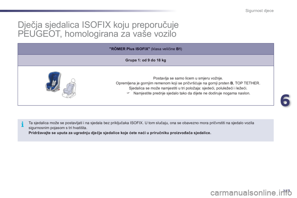 Peugeot 508 2012  Vodič za korisnike (in Croatian) 6
157
i
Sigurnost djece
   
 
 
 
 
 
 
 
 
 
 
 
Dječja sjedalica ISOFIX koju preporučuje 
PEUGEOT, homologirana za vaše vozilo 
"RÖMER Plus ISOFIX"     (klasa veličine  B1)
Grupa 1: od 9 do 18 